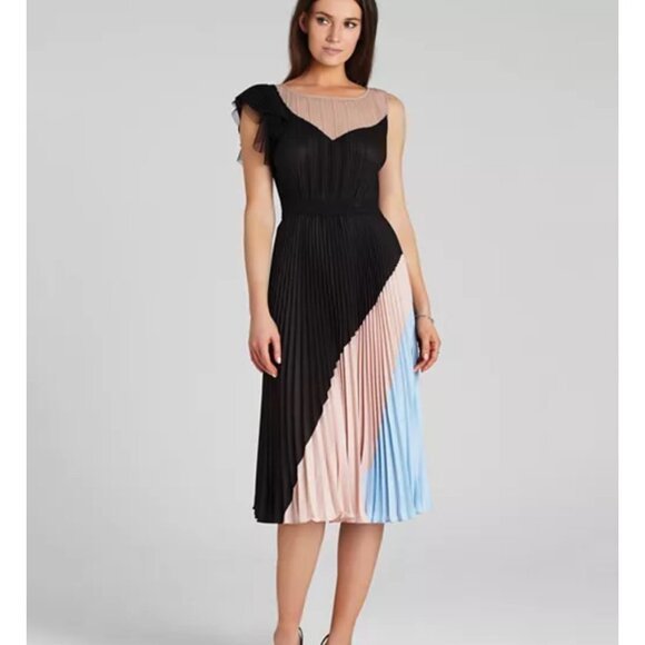BCBGMaxAzria Ciara Black, Pink, Blue Color Block Pleated skirt dress, Size Med - Picture 1 of 16